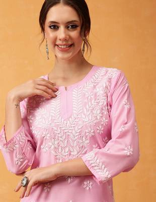 Hand embroidered pink muslin lucknowi chikankari short kurti 5