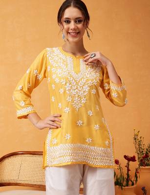 Hand embroidered yellow muslin lucknowi chikankari short kurti 1