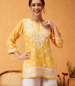 Hand embroidered yellow muslin lucknowi chikankari short kurti