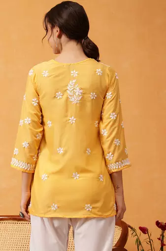 Hand embroidered yellow muslin lucknowi chikankari short kurti