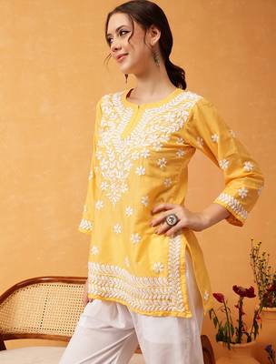 Hand embroidered yellow muslin lucknowi chikankari short kurti 3