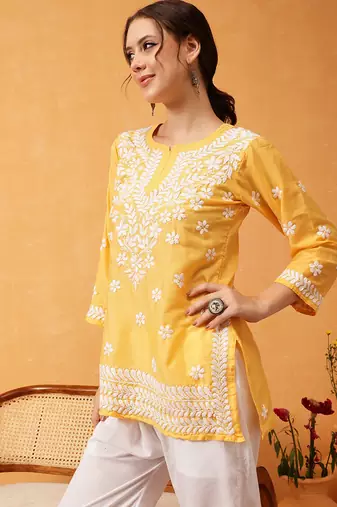 Hand embroidered yellow muslin lucknowi chikankari short kurti