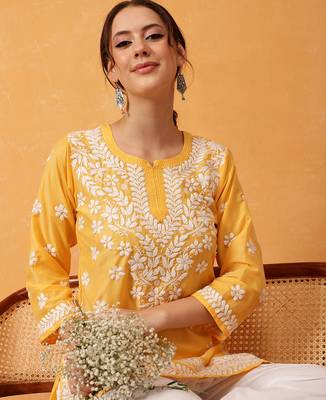 Hand embroidered yellow muslin lucknowi chikankari short kurti 4