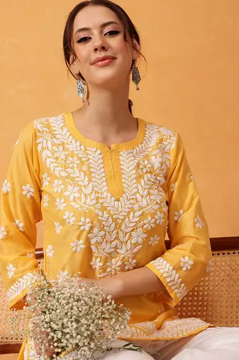 Hand embroidered yellow muslin lucknowi chikankari short kurti