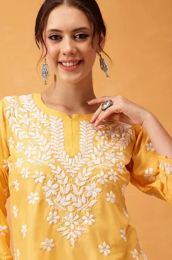 Hand embroidered yellow muslin lucknowi chikankari short kurti