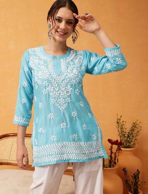 Hand embroidered blue muslin lucknowi chikankari short kurti 1