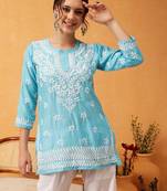 Hand embroidered blue muslin lucknowi chikankari short kurti