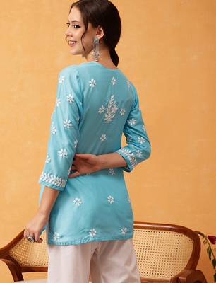 Hand embroidered blue muslin lucknowi chikankari short kurti 2