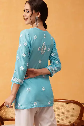 Hand embroidered blue muslin lucknowi chikankari short kurti