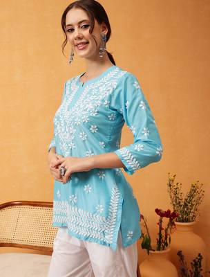 Hand embroidered blue muslin lucknowi chikankari short kurti 3