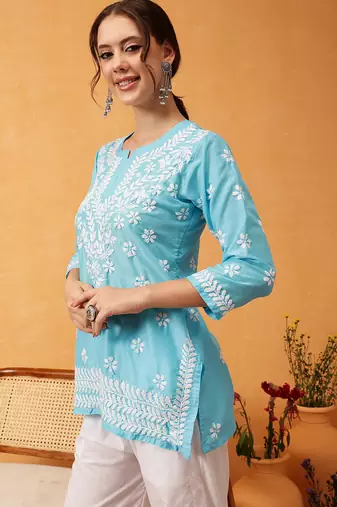 Hand embroidered blue muslin lucknowi chikankari short kurti