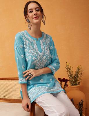 Hand embroidered blue muslin lucknowi chikankari short kurti 4