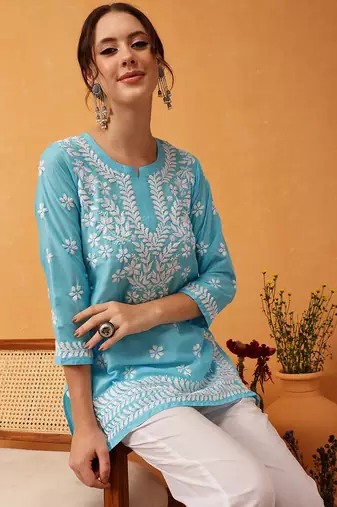Hand embroidered blue muslin lucknowi chikankari short kurti