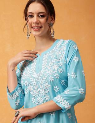 Hand embroidered blue muslin lucknowi chikankari short kurti 5