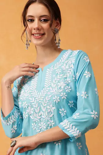 Hand embroidered blue muslin lucknowi chikankari short kurti