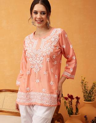 Hand embroidered peach muslin lucknowi chikankari short kurti 1