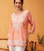 Hand embroidered peach muslin lucknowi chikankari short kurti