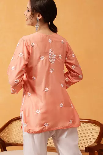 Hand embroidered peach muslin lucknowi chikankari short kurti