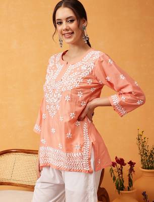 Hand embroidered peach muslin lucknowi chikankari short kurti 3