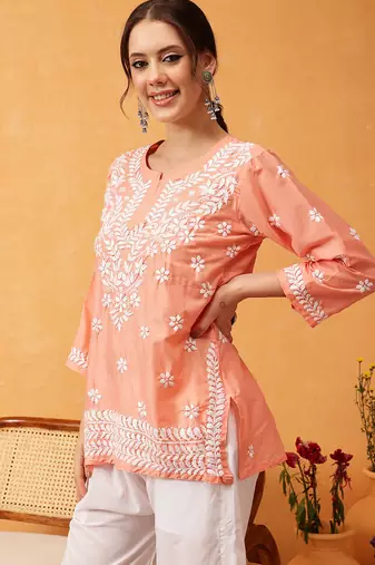 Hand embroidered peach muslin lucknowi chikankari short kurti