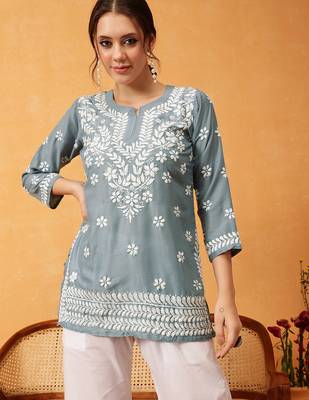 Hand embroidered grey muslin lucknowi chikankari short kurti 1