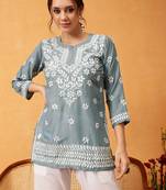 Hand embroidered grey muslin lucknowi chikankari short kurti
