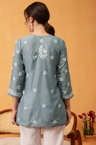 Hand embroidered grey muslin lucknowi chikankari short kurti