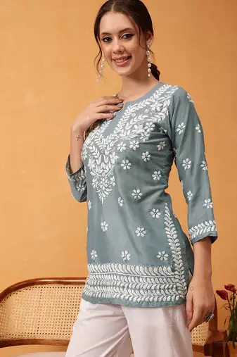 Hand embroidered grey muslin lucknowi chikankari short kurti