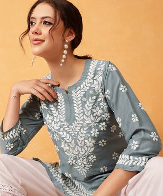 Hand embroidered grey muslin lucknowi chikankari short kurti 4