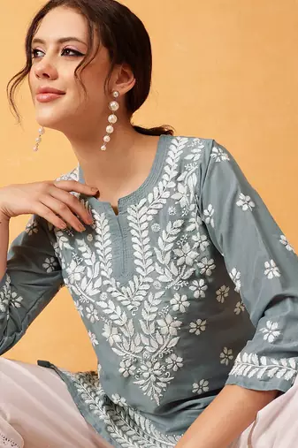 Hand embroidered grey muslin lucknowi chikankari short kurti