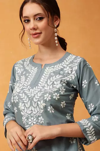 Hand embroidered grey muslin lucknowi chikankari short kurti