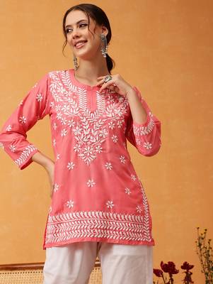 Hand embroidered carrot pink muslin lucknowi chikankari short kurti 1