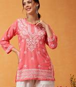 Hand embroidered carrot pink muslin lucknowi chikankari short kurti