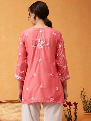 Hand embroidered carrot pink muslin lucknowi chikankari short kurti 2