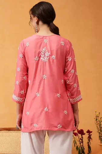 Hand embroidered carrot pink muslin lucknowi chikankari short kurti