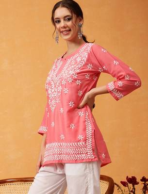 Hand embroidered carrot pink muslin lucknowi chikankari short kurti 3