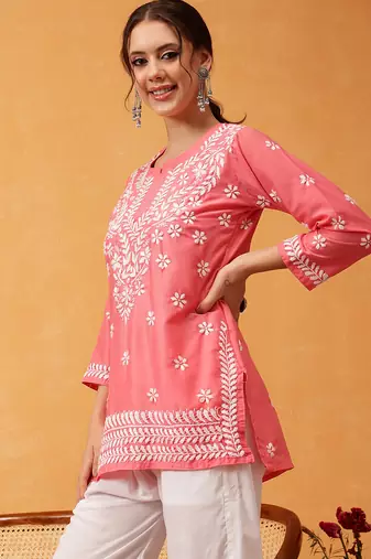 Hand embroidered carrot pink muslin lucknowi chikankari short kurti