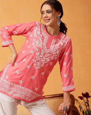 Hand embroidered carrot pink muslin lucknowi chikankari short kurti 4