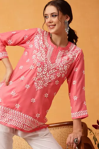 Hand embroidered carrot pink muslin lucknowi chikankari short kurti