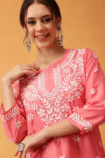 Hand embroidered carrot pink muslin lucknowi chikankari short kurti