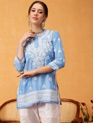 Hand embroidered ink blue muslin lucknowi chikankari short kurti 1