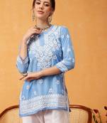 Hand embroidered ink blue muslin lucknowi chikankari short kurti