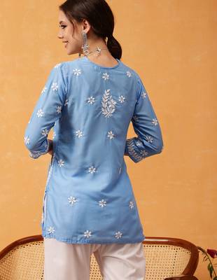 Hand embroidered ink blue muslin lucknowi chikankari short kurti 2