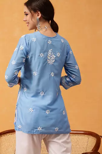Hand embroidered ink blue muslin lucknowi chikankari short kurti