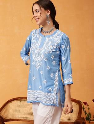 Hand embroidered ink blue muslin lucknowi chikankari short kurti 3