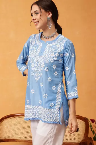 Hand embroidered ink blue muslin lucknowi chikankari short kurti