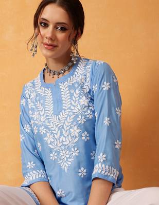 Hand embroidered ink blue muslin lucknowi chikankari short kurti 4