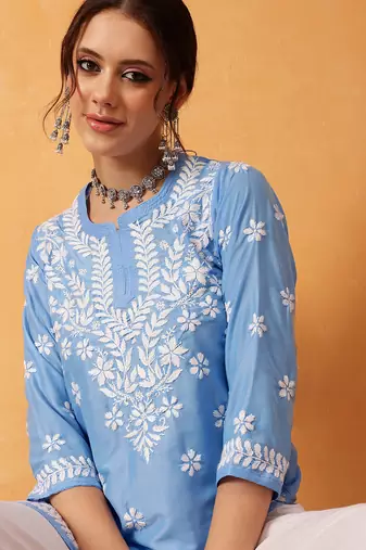 Hand embroidered ink blue muslin lucknowi chikankari short kurti