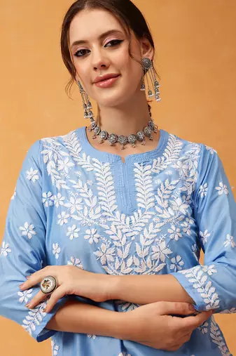 Hand embroidered ink blue muslin lucknowi chikankari short kurti