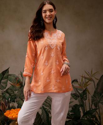 Hand embroidered orange muslin lucknowi chikankari short kurti 1